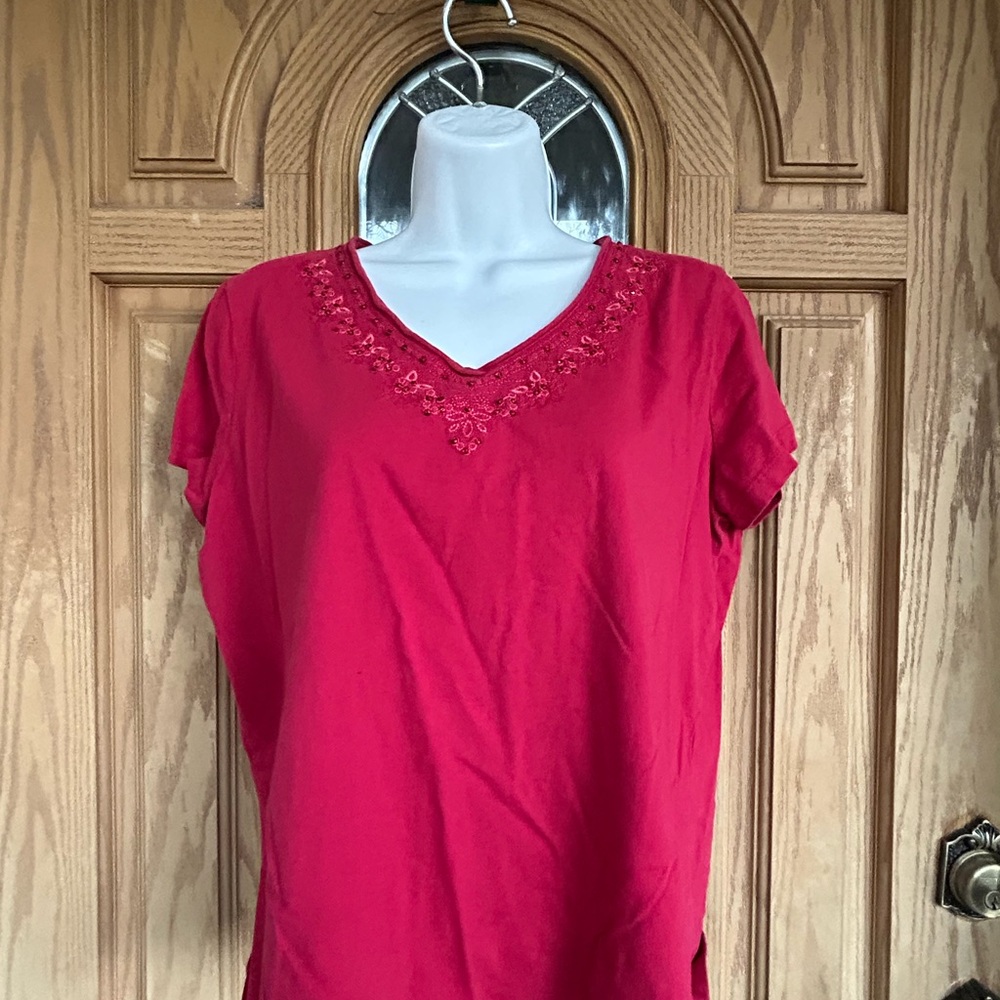 💚3/$25 St. John's Bay Red Short Sleeve Embroidered Top L